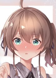  absurdres ahoge bad_id bad_pixiv_id bare_shoulders black_ribbon blush brown_hair brown_shirt collared_shirt commentary_request female frilled_shirt_collar frills green_eyes hair_between_eyes hair_ribbon hand_up highres hololive looking_at_viewer natsuiro_matsuri natsuiro_matsuri_(casual) neck_ribbon nono_i831 nose_blush parted_lips portrait ribbon shirt short_hair solo sweatdrop virtual_youtuber 