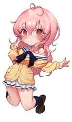  afloat antenna_hair bare_shoulders cardigan empty_eyes female highres kimi_to_kanojo_to_kanojo_no_koi. long_hair looking_at_viewer mukou_aoi_(totono) open_cardigan open_clothes orange_eyes pink_hair solo tongdoo white_background yellow_cardigan 