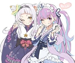  2girls ;) adapted_costume alternate_hairstyle anchor_symbol aqua_hair bad_id bad_twitter_id blue_kimono blunt_bangs blush breasts closed_mouth commentary cowboy_shot eating eyelashes food food_on_face grin hair_bun hairband hand_to_own_mouth heart highres hololive japanese_clothes kagami_mochi kimono long_hair looking_at_viewer maid_headdress minato_aqua minato_aqua_(new_year) multicolored_hair multiple_girls murasaki_shion murasaki_shion_(new_year) obi official_alternate_costume one_eye_closed onigiri orange_eyes osaru9eo purple_eyes purple_hair sash shrimp_hair_ornament side-by-side side_ponytail simple_background single_hair_bun single_side_bun small_breasts smile streaked_hair symbol-only_commentary translated two-tone_hair v virtual_youtuber white_background wide_sleeves 