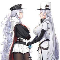  2girls absurdres azur_lane belt black_gloves black_headwear black_jacket bra bra_peek breast_hold breasts buttons cape coat commentary cross double-breasted elbow_gloves fur-trimmed_cape fur_trim gloves graf_zeppelin_(azur_lane) grey_hair hair_between_eyes hand_on_cane hat highres iron_cross jacket large_breasts long_coat long_hair looking_at_another miniskirt multiple_girls pantyhose peaked_cap pleated_skirt red_cape red_eyes skirt soruna_(nell) sovetskaya_rossiya_(azur_lane) two-tone_cape underwear very_long_hair white_belt white_bra white_cape white_coat white_hair white_headwear white_skirt 