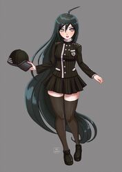  :o absurdres ahoge artist_name bad_id bad_twitter_id black_eyes black_footwear black_hair black_jacket black_skirt black_thighhighs blush breasts commentary danganronpa_(series) danganronpa_v3:_killing_harmony female full_body genderswap_(mtf) grey_background hair_between_eyes hat highres jacket loafers long_hair long_sleeves looking_at_viewer miniskirt missarilicious open_mouth pleated_skirt rule_63 saihara_shuichi shoes simple_background skirt solo standing striped_clothes striped_jacket striped_skirt thighhighs unworn_hat unworn_headwear very_long_hair zettai_ryouiki 