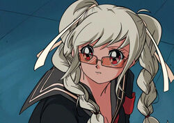  1990s_(style) armband bishoujo_senshi_sailor_moon bishoujo_senshi_sailor_moon_s braid clenched_teeth commentary danganronpa_(series) derivative_work english_commentary female glasses hair_over_shoulder hair_ribbon highres itou_ikuko_(style) kawatooo long_hair looking_to_the_side looking_up meme mitsuishi_kotono pekoyama_peko red_eyes retro_artstyle ribbon sailor_moon_redraw_challenge_(meme) school_uniform screenshot_redraw serafuku solo teeth tsukino_usagi twin_braids twintails upper_body voice_actor_connection white_hair 