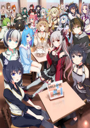  6+girls ahoge and_uge animal_ear_fluff animal_ears animare aqua_hair bear_ears beret black_hair black_headwear blue_hair brown_hair cafe camomi_camomi cat_ears closed_mouth cone_hair_bun demon_horns detached_sleeves dog_ears everyone fox_ears ginneko_nanashi green_hair grey_hair haibara_akane haineko_nanashi hair_bun hashiba_natsumi_(animare) hat highres hinokuma_ran honey_strap hood hoodie horns inaba_haneru_(animare) indoors kanade_kanon kazami_kuku kisaki_anko kojo_anna kojo_anna_(1st_costume) kuroneko_nanashi long_hair long_sleeves looking_at_viewer mikeneko_nanashi multicolored_hair multiple_girls nanashi_inc. open_mouth orange_hair photoshop_(medium) pink_hair purple_hair ryugasaki_rene ryugasaki_rene_(1st_costume) saionji_mary sch sekishiro_mico shimamura_charlotte shiromiya_mimi shishio_chris shishio_chris_(1st_costume) short_hair sitting smile souya_ichika souya_ichika_(3rd_costume) streaked_hair sugar_lyric suou_patra table two-tone_hair v_ap_art virtual_youtuber white_hair yunohara_izumi 