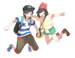  1boy :d baseball_cap beanie black_headwear blue_footwear capri_pants closed_eyes commentary_request elio_(pokemon) eyelashes female floral_print green_shorts hat open_mouth outstretched_arms pants pokemon pokemon_sm red_headwear selene_(pokemon) shirt shoes short_sleeves shorts smile striped_clothes striped_shirt t-shirt teeth tied_shirt tongue unapoppo yellow_shirt 