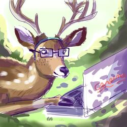  1:1 antlers braces brown_body brown_fur buckteeth computer deer electronics eyewear female feral forest forest_background freckles fur glasses hi_res horn mammal nature nature_background plant renita_reed renita_reed_(character) solo teeth tree white_horn 