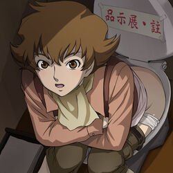  belt brown_eyes brown_hair character_request female from_above haruyama_kazunori looking_at_viewer lowres open_mouth panties short_hair solo the_skullman toilet toilet_use underwear white_panties 