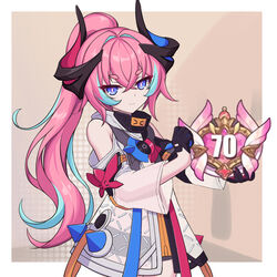  aqua_hair bare_shoulders black_gloves blue_eyes budesonide chinese_commentary closed_mouth commentary_request dress female gloves hair_between_eyes highres holding honkai_(series) honkai_impact_3rd horns long_hair looking_at_viewer multicolored_hair pink_hair pink_pupils ponytail rozaliya_olenyeva rozaliya_olenyeva_(fervent_tempo) simple_background solo thick_eyebrows white_dress 