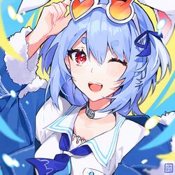  ;d animal_ears arm_up ascot blue_ascot blue_hair blue_jacket blue_ribbon blush breasts collar commentary_request eyewear_on_head female fur-trimmed_sleeves fur_trim hair_between_eyes hair_ribbon hayate_fish heart heart-shaped_eyewear highres hololive jacket long_sleeves looking_at_viewer official_alternate_hair_length official_alternate_hairstyle one_eye_closed open_clothes open_jacket rabbit-shaped_eyewear rabbit-shaped_pupils rabbit_ears red_eyes ribbon shirt short_eyebrows short_hair small_breasts smile solo sunglasses symbol-shaped_pupils teeth thick_eyebrows two_side_up upper_body upper_teeth_only usada_pekora usada_pekora_(casual) virtual_youtuber white-framed_eyewear white_collar white_shirt 