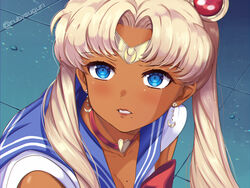  alternate_skin_color bishoujo_senshi_sailor_moon bishoujo_senshi_sailor_moon_s blonde_hair blue_eyes blue_sailor_collar blush bow breasts choker circlet cleavage clenched_teeth collarbone commentary crescent crescent_earrings dark-skinned_female dark_skin derivative_work diadem double_bun earrings female hair_bun hair_ornament hair_over_shoulder heart heart_choker jewelry lipstick long_hair magical_girl makeup meme mole mole_on_breast mole_under_mouth parted_bangs pink_hair red_bow red_choker ruby_suguri sailor_collar sailor_moon sailor_moon_redraw_challenge_(meme) sailor_senshi_uniform screenshot_redraw solo tan teeth tsukino_usagi twintails twitter_username upper_body 