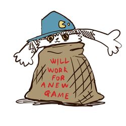  1:1 2020 anthro bandai_namco boke_(artist) clothed clothing decrepit destitute digital_media_(artwork) domestic_cat english_text felid feline felis hat headgear headwear homeless humor klonoa klonoa_(series) lagomorph leporid long_ears male mammal rabbit sack simple_background solo text white_background yellow_eyes 