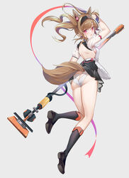  absurdres alternate_costume angelina_(arknights) animal_ears apron arknights arm_up ass back backless_outfit backless_panties black_footwear black_hairband black_skirt black_socks breasts brown_hair earpiece extra_ears female fox_ears full_body grey_background hairband heart high-waist_skirt highres holding holding_staff hongbaise_raw kneehighs long_hair looking_at_viewer medium_breasts miniskirt panties parted_lips pink_eyes puffy_short_sleeves puffy_sleeves see-through shoes short_sleeves sideboob simple_background skirt socks solo staff swept_bangs thighs twintails underwear white_apron white_panties 