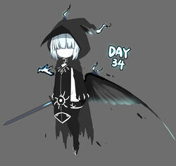  :&lt; absurdres bailingxiao_jiu black_cloak black_fire black_footwear black_gloves black_sleeves black_thighhighs black_wings boots chinese_commentary cloak closed_mouth commentary_request facing_viewer feathered_wings female fire gloves grey_background groin hair_over_eyes highres holding holding_sword holding_weapon hood hood_up hooded_cloak long_sleeves original pale_skin partial_commentary simple_background single_wing sleeves_past_wrists solo sword thigh_boots thighhighs weapon wings 