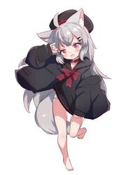  ahoge animal_ear_fluff animal_ears arm_up babalilo bad_id bad_twitter_id bare_legs barefoot belt_collar black_coat black_headwear black_sailor_collar black_shirt blush borrowed_character bow coat coat_partially_removed collar commentary female full_body grey_hair hair_ornament hairclip head_tilt highres inactive_account leg_up long_hair long_sleeves oerba_yun_fang open_clothes open_coat open_mouth original panties panty_peek pink_eyes red_bow red_collar rir-chan sailor_collar shirt shirt_bow simple_background solo standing standing_on_one_leg striped_clothes striped_panties tail underwear white_background wind wolf_ears wolf_girl wolf_tail 