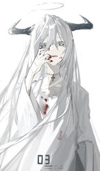  absurdres bandages bandaid bandaid_on_hand blood blood_on_clothes blood_on_face blood_on_hands book cross fangs female grey_eyes grey_hair highres horns long_hair open_mouth original qtian simple_background solo stitches teeth white_background wide_sleeves 