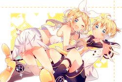  1boy all_fours arm_warmers bare_shoulders black_sailor_collar black_shorts blonde_hair blue_eyes blush bow commentary crop_top female grey_sailor_collar hair_ornament hairbow hairclip hand_on_another&#039;s_back headphones heart heart_print kagamine_len kagamine_len_(vocaloid4) kagamine_rin kagamine_rin_(vocaloid4) leg_warmers looking_at_viewer miniskirt neckerchief necktie one_eye_closed open_mouth outstretched_arm razuko_(raspberry_aaa) reaching reaching_towards_viewer sailor_collar school_uniform shirt short_hair short_ponytail short_sleeves shorts sitting skirt sleeveless sleeveless_shirt smile sparkle spiked_hair swept_bangs v4x vocaloid white_bow white_shirt white_skirt yellow_neckerchief yellow_necktie 