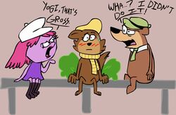  2021 anthro argument bear beret blush blush_lines boots brown_bear canid canine canis cephalopod clothed clothing coleoid collaboration cringebird decapodiform dialogue digital_media_(artwork) dress english_text fart fart_cloud fart_joke female footwear fox grizzly_bear group hanna-barbera hat headgear headwear jellystone_(hbo_max) loopy_(loopy_de_loop) loopy_de_loop male mammal marine mollusk open_mouth scarf squiddly_diddly text tongue torchu ursine yogi_bear yogi_bear_(character) 