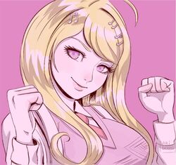  ahoge akamatsu_kaede blonde_hair breasts commentary danganronpa_(series) danganronpa_v3:_killing_harmony eighth_note female gloves hair_ornament hands_up large_breasts long_hair long_sleeves looking_at_viewer missarilicious musical_note musical_note_hair_ornament necktie pale_skin pink_background pink_sweater_vest purple_eyes shirt signature simple_background smile solo sweater_vest upper_body white_shirt 