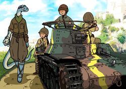  armored_vehicle camo clothing group human humanoid imperial_japan japan japanese_uniform male mammal military_uniform scalie tank type_97_chi-ha uniform unknown_artist vehicle weapon world_war_2 