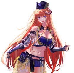  :d arknights bagpipe_(arknights) bagpipe_(queen_no._1)_(arknights) bare_shoulders blue_headwear blue_shorts blunt_bangs breasts cleavage commentary_request cowboy_shot crop_top female fingerless_gloves gloves highres horns large_breasts long_hair looking_at_viewer midriff navel open_mouth orange_hair puranetto_(vjun4748) purple_eyes see-through see-through_skirt short_shorts shorts showgirl_skirt simple_background skirt smile solo standing stomach thighs very_long_hair white_background 