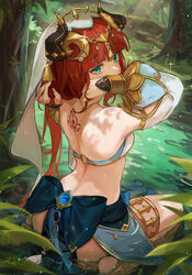  absurdres arms_up back back_tattoo bare_back bare_shoulders barefoot bracer circlet commentary_request covered_mouth fake_horns female genshin_impact green_eyes hand_in_own_hair highres horns long_hair long_sleeves looking_at_viewer looking_back md5_mismatch nilou_(genshin_impact) parted_bangs puffy_long_sleeves puffy_sleeves red_hair reversed revision signature solo tattoo thighlet veil water xude 