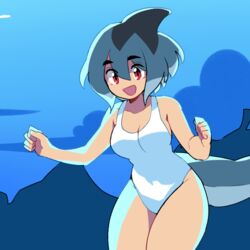  :d azuumori bare_arms bare_shoulders blue_background blue_hair blue_theme breasts commentary cowboy_shot english_commentary female fins fish_tail hair_between_eyes hands_up large_breasts legs_together mako_(azuumori) medium_hair one-piece_swimsuit open_mouth original red_eyes shark_fin shark_tail smile solo standing swimsuit tail white_one-piece_swimsuit 