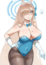  absurdres animal_ears asuna_(blue_archive) asuna_(bunny)_(blue_archive) asymmetrical_bangs blue_archive blue_bow blue_bowtie blue_eyes blue_leotard blush bow bowtie breasts brown_hair cleavage commentary covered_navel cowboy_shot deliciousbrain detached_collar fake_animal_ears female gloves grey_pantyhose groin hair_over_one_eye halo highres large_breasts leotard long_hair looking_at_viewer mole mole_on_breast official_alternate_costume pantyhose playboy_bunny rabbit_ears sideboob simple_background smile solo standing strapless strapless_leotard thighband_pantyhose thighs very_long_hair white_background white_gloves 