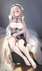  absurdres artist_name azur_lane bed blush breasts cleavage closed_mouth elbow_gloves female flower gloves grey_hair hair_flower hair_ornament hairband highres indoors large_breasts long_hair looking_at_viewer maid on_bed panties red_eyes rodriguez_(kamwing) scylla_(azur_lane) sidelocks sitting solo symbol-shaped_pupils thighhighs underwear white_flower white_gloves white_panties white_thighhighs 