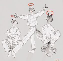  1boy animal_ears animal_hands body_fur claws coat collared_coat collared_shirt cross facing_away furry furry_male grey_background grey_fur halo highres jacket looking_at_viewer looking_to_the_side male_focus multiple_views nagabe original pants pocket red_halo shirt shirt_tucked_in slit_pupils stitches tail unworn_jacket white_footwear white_jacket white_pants white_shirt wolf_boy wolf_ears wolf_tail 