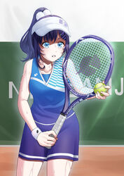  aboreen aiba_uiha bare_arms bare_shoulders black_hair blue_dress blue_eyes breasts collarbone copyright_name dress female hair_ornament hairclip high_ponytail highres holding holding_racket looking_ahead medium_breasts multicolored_clothes multicolored_dress nijisanji parted_lips ponytail print_dress racket sleeveless sleeveless_dress solo sportswear sweat tennis_racket tennis_uniform virtual_youtuber visor_cap wristband 