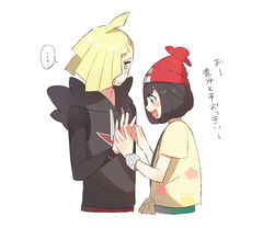  ... 1boy beanie blonde_hair blush closed_mouth commentary_request eyelashes female floral_print gladion_(pokemon) green_eyes hair_over_one_eye hand_grab hand_up hat hood hoodie long_sleeves open_mouth pokemon pokemon_sm red_headwear selene_(pokemon) shirt spoken_ellipsis t-shirt teeth tongue translation_request unapoppo yellow_shirt z-ring 