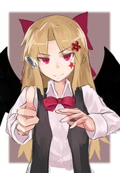  bad_id bad_twitter_id bat_girl bat_wings black_vest blonde_hair border bow bowtie brown_background closed_mouth coin collared_shirt commentary_request elis_(touhou) facial_mark female flower hair_flower hair_ornament hairbow highres kamiya_ueshi long_hair long_sleeves open_clothes open_vest red_bow red_bowtie red_eyes red_flower shirt simple_background smile solo star_(symbol) touhou touhou_(pc-98) two-tone_background upper_body v-shaped_eyebrows very_long_hair vest white_border white_shirt wings 