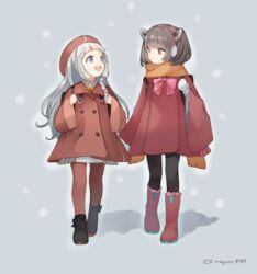  2girls :d a.i._voice aged_down ahoge backpack bag beret binchou_maguro black_footwear black_hair black_legwear blue_eyes boots bow brown_coat brown_eyes brown_footwear brown_headwear brown_legwear closed_mouth coat collared_shirt commentary_request earmuffs eye_contact frilled_boots frilled_footwear frills gloves grey_hair grey_skirt hand_up hands_up hat headgear highres holding_strap kizuna_akari kizuna_akari_(tsubomi) long_hair long_sleeves looking_at_another multiple_girls pantyhose pink_bow shirt skirt smile touhoku_kiritan very_long_hair voiceroid white_gloves white_shirt wide_sleeves 