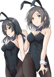  2girls absurdres animal_ears black_bow black_bowtie black_hair black_leotard black_pantyhose blush bow bowtie breasts chuchu_tako covered_navel detached_collar fake_animal_ears hair_ornament hairclip highleg highleg_leotard highres kantai_collection kuroshio_(kancolle) leotard long_hair looking_at_viewer medium_breasts multiple_girls open_mouth oyashio_(kancolle) pantyhose playboy_bunny rabbit_ears short_hair smile strapless strapless_leotard traditional_bowtie wrist_cuffs yellow_eyes 