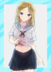  bad_id bad_pixiv_id black_neckwear black_skirt blonde_hair blue_background blue_eyes blue_sailor_collar blush braid clothes_lift commentary_request female grey_background hair_down hayasaka_ai haysaca_a._smithee head_tilt highres kaguya-sama_wa_kokurasetai_~tensai-tachi_no_renai_zunousen~ lifting_own_clothes long_hair midriff navel parted_bangs parted_lips pleated_skirt sailor_collar school_uniform serafuku shirt shirt_lift short_sleeves side_braid single_braid skirt solo tomozero two-tone_background white_shirt 