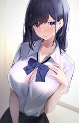  absurdres bad_id bad_twitter_id blue_bow blue_bowtie blush borrowed_character bow bowtie breasts collared_shirt dutch_angle female hair_behind_ear hand_on_own_chest hand_up highres large_breasts long_hair looking_at_viewer nanashinayuzu_mochi original parted_lips purple_eyes school_uniform shirt solo upper_body white_shirt 