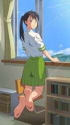  barefoot black_hair blue_sky blush bookshelf brown_eyes chair classroom closed_mouth commentary crossed_legs curtains day feet female from_behind full_body green_skirt highres indoors iwato_suzume kneeling lens_flare looking_at_viewer looking_back open_window ponytail raimaiedai school_uniform shadow shirt short_sleeves single_sidelock skirt sky soles solo suzume&#039;s_chair suzume_no_tojimari toes white_shirt window 