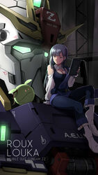  breasts cleavage closed_mouth earrings female glowing glowing_eyes graphite_(medium) green_eyes gundam gundam_zz haro highres jewelry laofuzi_dai_bansho large_breasts long_hair mecha pantyhose purple_hair red_eyes robot roux_louka sidelocks traditional_media zeta_gundam_(mobile_suit) 