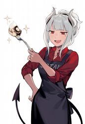  :d apron clothes_writing collared_shirt commentary demon_girl demon_horns demon_tail duoyuanjun female food food_on_face fork helltaker highres holding holding_fork horns lucifer_(helltaker) mole mole_under_eye open_mouth red_eyes red_shirt shirt simple_background smile solo sparkle tail white_background white_hair 