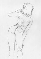  absurd_res anthro bottomwear clothing denim denim_bottomwear denim_clothing female foxero hand_on_head hi_res jeans leaning monochrome pants rear_view solo traditional_media_(artwork) 