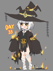  :d absurdres alternate_body_fluid bailingxiao_jiu bandaged_foot bandaged_leg bandages black_hat black_jacket black_sclera blush broken broken_chain brown_eyes chains chinese_commentary collar colored_sclera commentary_request female fire full_body grey_background hat highres jacket long_sleeves looking_at_viewer metal_collar oerba_yun_fang open_clothes open_jacket original partial_commentary pelvic_curtain pointy_ears simple_background sleeves_past_fingers sleeves_past_wrists smile solo standing white_hair witch_hat 