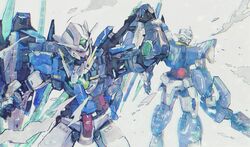  00_qan[t] aqua_eyes back-to-back commentary dust_cloud from_behind gundam gundam_00 gundam_00_a_wakening_of_the_trailblazer gundam_00_festival_10_&quot;re:vision&quot; gundam_exia_repair_iv highres holding holding_sword holding_weapon kare_(0621utak) looking_back mecha mobile_suit no_humans open_hand robot science_fiction shield simple_background standing sword upper_body v-fin weapon weapon_on_back white_background 