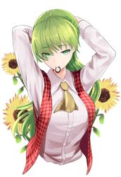  adjusting_hair arms_behind_head arms_up ascot bad_id bad_twitter_id collared_shirt commentary_request female flower green_hair hair_tie hair_tie_in_mouth hands_in_hair highres holding holding_own_hair kamiya_ueshi kazami_yuuka long_hair long_sleeves mouth_hold plaid plaid_vest shirt solo sunflower touhou touhou_(pc-98) tying_hair upper_body very_long_hair vest white_shirt yellow_ascot 