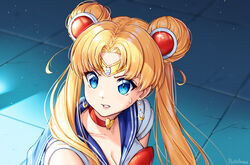  bishoujo_senshi_sailor_moon bishoujo_senshi_sailor_moon_s blonde_hair blue_eyes blue_sailor_collar choker circlet collarbone commentary crescent crescent_earrings derivative_work diadem double_bun earrings english_commentary female hair_bun hair_over_shoulder heart heart_choker jewelry long_hair magical_girl meme parted_bangs pattikou red_choker sailor_collar sailor_moon sailor_moon_redraw_challenge_(meme) sailor_senshi_uniform screenshot_redraw solo sweatdrop tsukino_usagi twintails upper_body 