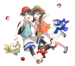  1boy arm_up backpack bag bare_arms black_bag blush braid commentary_request elio_(pokemon) female green_tank_top hat leggings litten open_mouth poke_ball poke_ball_(basic) pokemon pokemon_(creature) pokemon_usum popplio red_headwear rowlet selene_(pokemon) shirt shoes shoulder_bag sleeveless sleeveless_shirt starter_pokemon_trio tank_top teeth tongue twin_braids unapoppo 