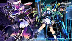  2girls animal_ears antique_firearm asymmetrical_legwear bandaid bike_shorts blunderbuss breasts commentary_request company_name copyright_name copyright_notice flight_pack frog gatling_gun glowing glowing_eye green_eyes green_hair gun hair_ornament kochiya_sanae kochiya_sanae_(lunar_war_oracle) large_breasts minigun multiple_girls necktie official_art pouch promotional_art purple_hair rabbit_ears rabbit_girl reisen_udongein_inaba reisen_udongein_inaba_(lunar_war_soldier) rotte_(1109) science_fiction shoes skirt snake_hair_ornament socks thighhighs torn_clothes torn_thighhighs touhou touhou_lostword visor weapon 