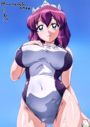  blue_background blue_eyes breasts crown dated female henrietta_de_tristain holding holding_towel large_breasts looking_at_viewer looking_down medium_hair nafta one-piece_swimsuit purple_hair signature simple_background solo swimsuit towel wet zero_no_tsukaima 