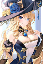  absurdres armpit_crease bare_shoulders black_dress black_hat black_sleeves blonde_hair blue_eyes blue_flower blue_gemstone blush breasts cleavage closed_mouth detached_collar detached_sleeves dress drill_hair drill_sidelocks female fingernails flower gem genshin_impact hair_over_one_eye hand_up hat hat_feather hat_flower highres jewelry lace-trimmed_collar lace_trim lalazyt large_breasts long_hair long_sleeves looking_at_viewer navia_(genshin_impact) necklace rose sidelocks smile solo strapless strapless_dress upper_body yellow_flower yellow_rose 