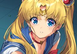  absurdres bishoujo_senshi_sailor_moon bishoujo_senshi_sailor_moon_s blonde_hair blue_eyes blue_sailor_collar blush choker commentary crescent crescent_earrings derivative_work diadem double_bun earrings english_commentary female hair_bun hair_over_shoulder heart heart_choker highres jewelry ku-ini long_hair magical_girl meme red_choker sailor_collar sailor_moon sailor_moon_redraw_challenge_(meme) sailor_senshi_uniform screenshot_redraw solo sweatdrop tsukino_usagi twintails upper_body 