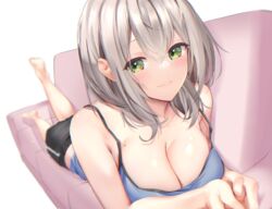  absurdres bad_id bad_pixiv_id bare_arms bare_shoulders black_shorts blue_shirt blush breasts camisole cleavage closed_mouth commentary couch feet_up female full_body green_eyes grey_hair hair_between_eyes highres hololive kurogane_tekki large_breasts looking_at_viewer lying medium_hair mole mole_on_breast on_couch on_stomach own_hands_together shirogane_noel shirt shorts simple_background sleeveless sleeveless_shirt solo virtual_youtuber wavy_hair white_background 