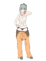  alternate_costume black_panties blush breasts closed_mouth clothes_pull female full_body grey_hair hair_ribbon highres jumpsuit kantai_collection medium_breasts mikeco open_clothes orange_jumpsuit panties pants pants_pull ponytail ribbon side-tie_panties simple_background slippers solo standing sweat tank_top underwear white_background white_tank_top yellow_eyes yuubari_(kancolle) 